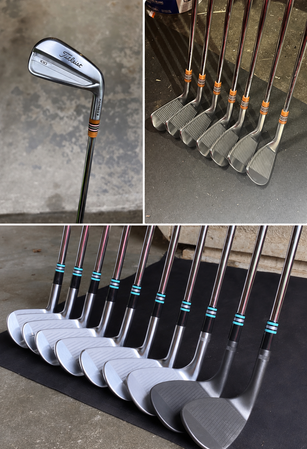 Collage of Titleist Forged 100 and full iron sets with custom orange and teal ferrules